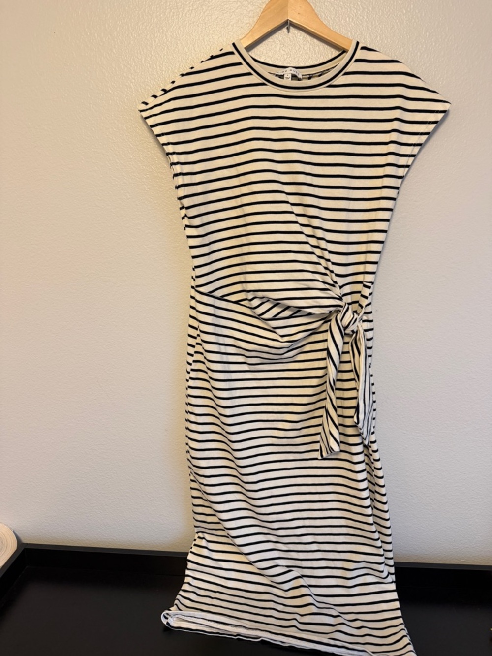 Black & White Striped Tie-Waist Midi Dress